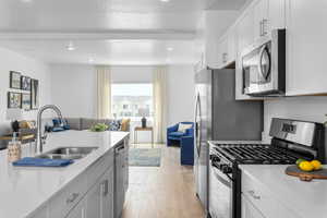 Kitchen with sink, stainless steel appliances, light hardwood / wood-style floors, and white cabinets