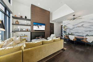 Natural light in living room featuring a linear gas fireplace