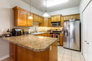 Kitchen featuring decorative light fixtures, appliances with stainless steel finishes, sink, and kitchen peninsula