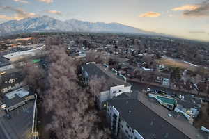 Aerial view at dusk with a mountain view