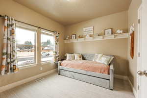 View of carpeted bedroom with walk in closet