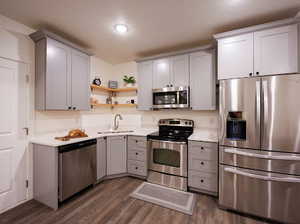 2nd Kitchen in ADU featuring sink, LVL flooring, gray cabinets, and appliances with stainless steel finishes