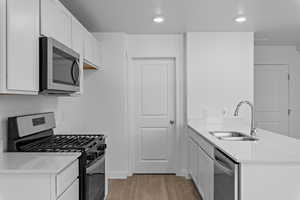 Kitchen featuring stainless steel appliances, white cabinetry, sink, and light hardwood / wood-style flooring