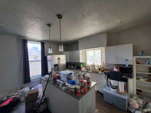 Kitchen featuring dark wood-type flooring, a kitchen island, pendant lighting, stainless steel appliances, and white cabinets