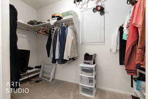 Walk in closet with light carpet