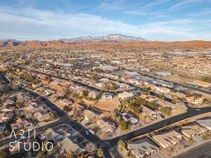 Aerial view featuring a mountain view