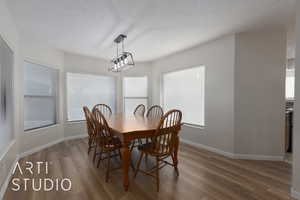 Dining area featuring a healthy amount of sunlight, dark hardwood / wood-style floors, and a textured ceiling