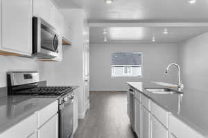 Kitchen featuring stainless steel appliances, wood-type flooring, sink, and white cabinets