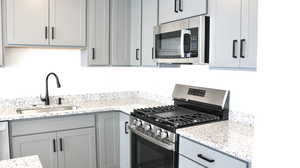 Kitchen with light stone counters, sink, gray cabinets, and appliances with stainless steel finishes