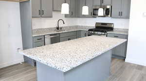 Kitchen featuring gray cabinetry, sink, decorative light fixtures, and stainless steel appliances