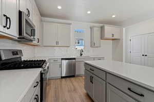 Kitchen featuring decorative backsplash, appliances with stainless steel finishes, sink, and light hardwood / wood-style flooring