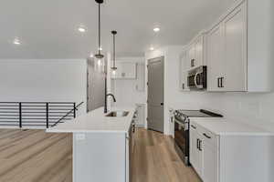 Kitchen with appliances with stainless steel finishes, decorative light fixtures, white cabinetry, an island with sink, and sink