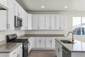 Kitchen featuring appliances with stainless steel finishes, sink, white cabinets, and dark hardwood / wood-style flooring