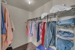 Spacious closet featuring carpet flooring