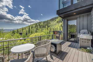 Wooden terrace with grilling area and a mountain view