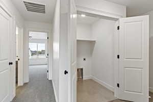 Washroom featuring light colored carpet and electric dryer hookup