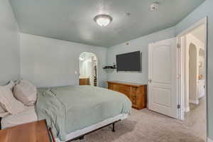 Master Bedroom: Carpeted bedroom with connected bathroom and a textured ceiling