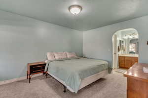 Master Bedroom: Carpeted bedroom with a textured ceiling and ensuite bath