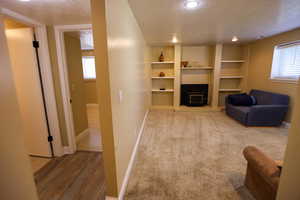 built-in shelves, plenty of natural light, and a fireplace