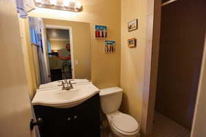 Bathroom with vanity, toilet, and a tile shower