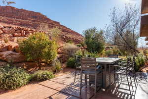 View of patio / terrace featuring a mountain view