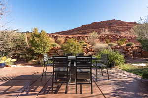 View of patio / terrace featuring a mountain view