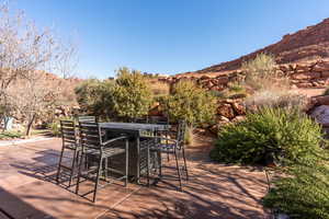 View of patio with a mountain view