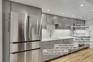 Kitchen featuring gray cabinets, tasteful backsplash, sink, stainless steel fridge, and light hardwood / wood-style floors