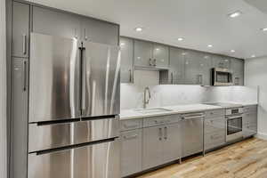 Kitchen with sink, gray cabinetry, light hardwood / wood-style flooring, appliances with stainless steel finishes, and decorative backsplash