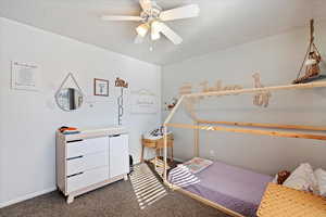 Bedroom with carpet and ceiling fan