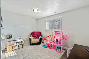 Recreation room featuring a textured ceiling