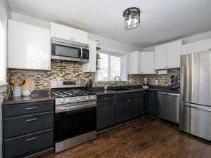 Kitchen with sink, dark wood-type flooring, backsplash, stainless steel appliances, and white cabinets