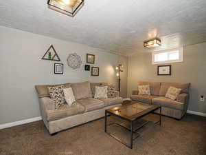 Living room with carpet and a textured ceiling