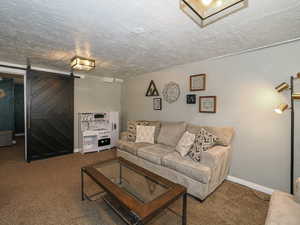 Living room with a barn door, a textured ceiling, and carpet