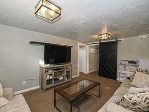 Carpeted living room with a barn door and a textured ceiling