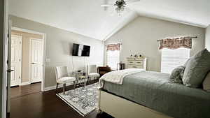 Master bedroom featuring multiple windows, dark wood-type flooring, ceiling fan, and vaulted ceiling