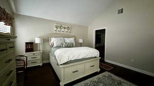 Master bedroom with vaulted ceiling and dark wood-type flooring