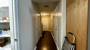 Hallway featuring dark wood-type flooring