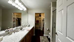 Master bathroom featuring vanity, toilet, and a shower with shower door and walk-in closet