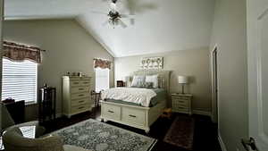 Master bedroom with lofted ceiling and ceiling fan