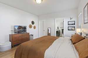 Master Bedroom with ensuite bath and light laminate / wood-style floors