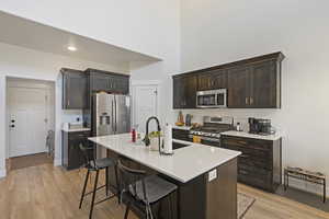 Kitchen with appliances with stainless steel finishes, sink, a center island with sink, and a breakfast bar