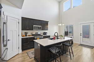 Kitchen with sink, a breakfast bar area, hanging light fixtures, a towering ceiling, and stainless steel appliances