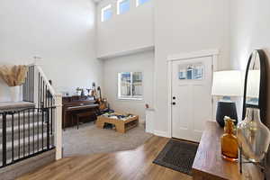 Foyer with a towering ceiling and carpet and laminate flooring