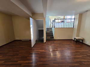 Unfurnished living room with dark hardwood / wood-style floors