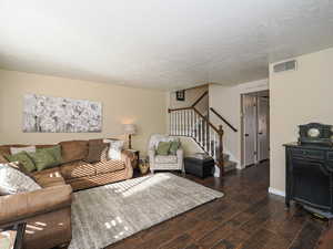 Living room with a textured ceiling