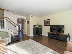 Living room featuring dark wood-type flooring