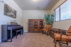 Living area with carpet flooring