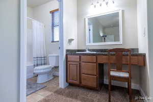 Full bathroom featuring tile patterned flooring, vanity, shower / bathtub combination with curtain, and toilet