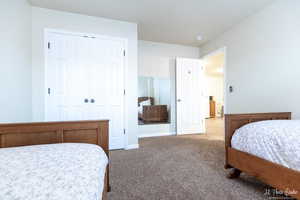 Carpeted bedroom with a closet